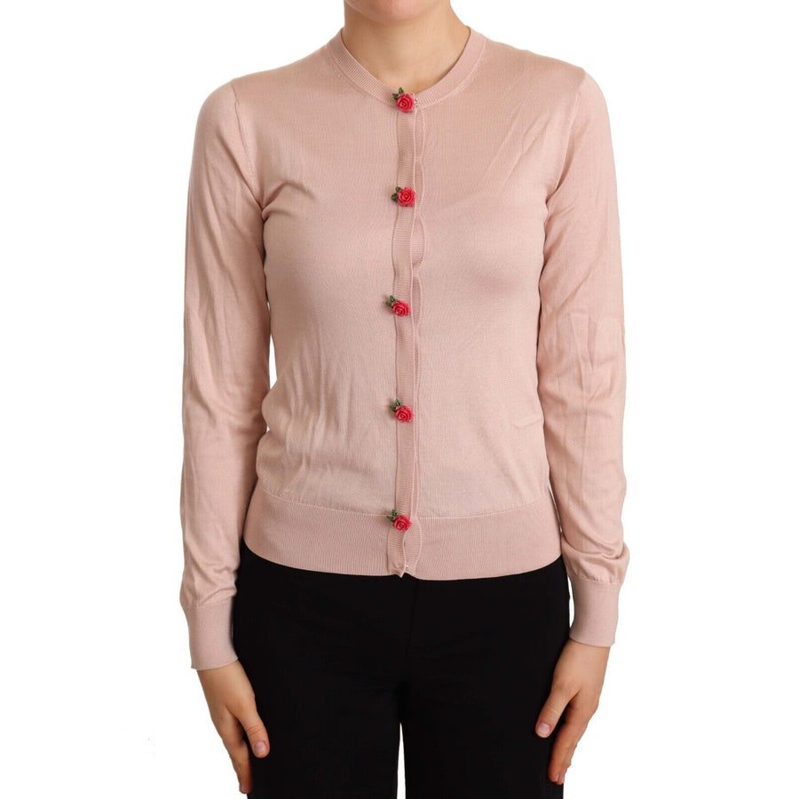 Dolce & Gabbana Pink Silk Knit Rose Button Cardigan Sweater - Paris Deluxe