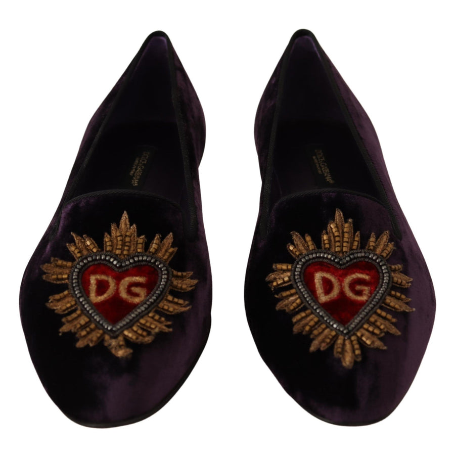 Dolce & Gabbana Purple Velvet DG Heart Loafers Flats Shoes - Paris Deluxe