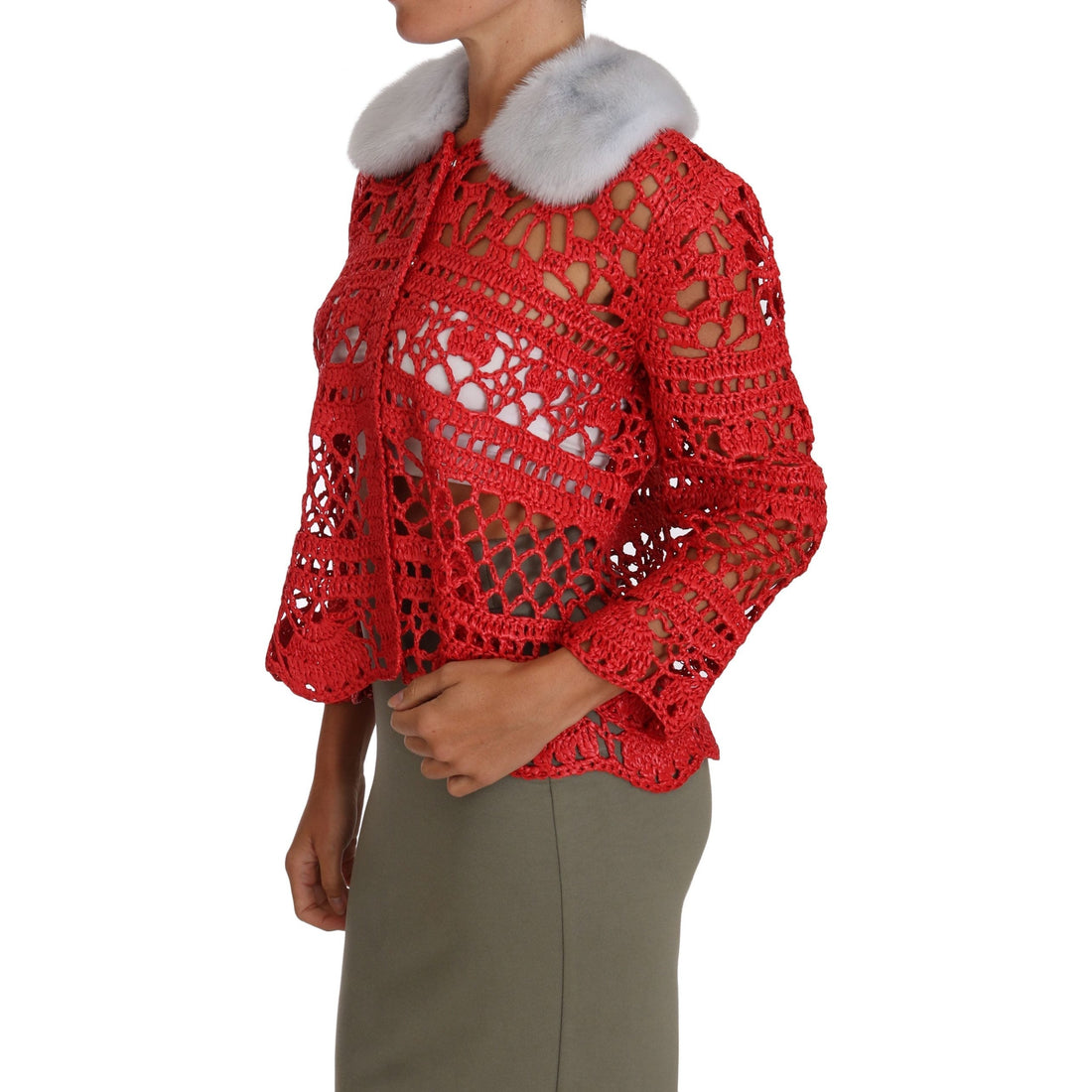 Dolce & Gabbana Red Cardigan Crochet Knit Raffia Sweater - Paris Deluxe