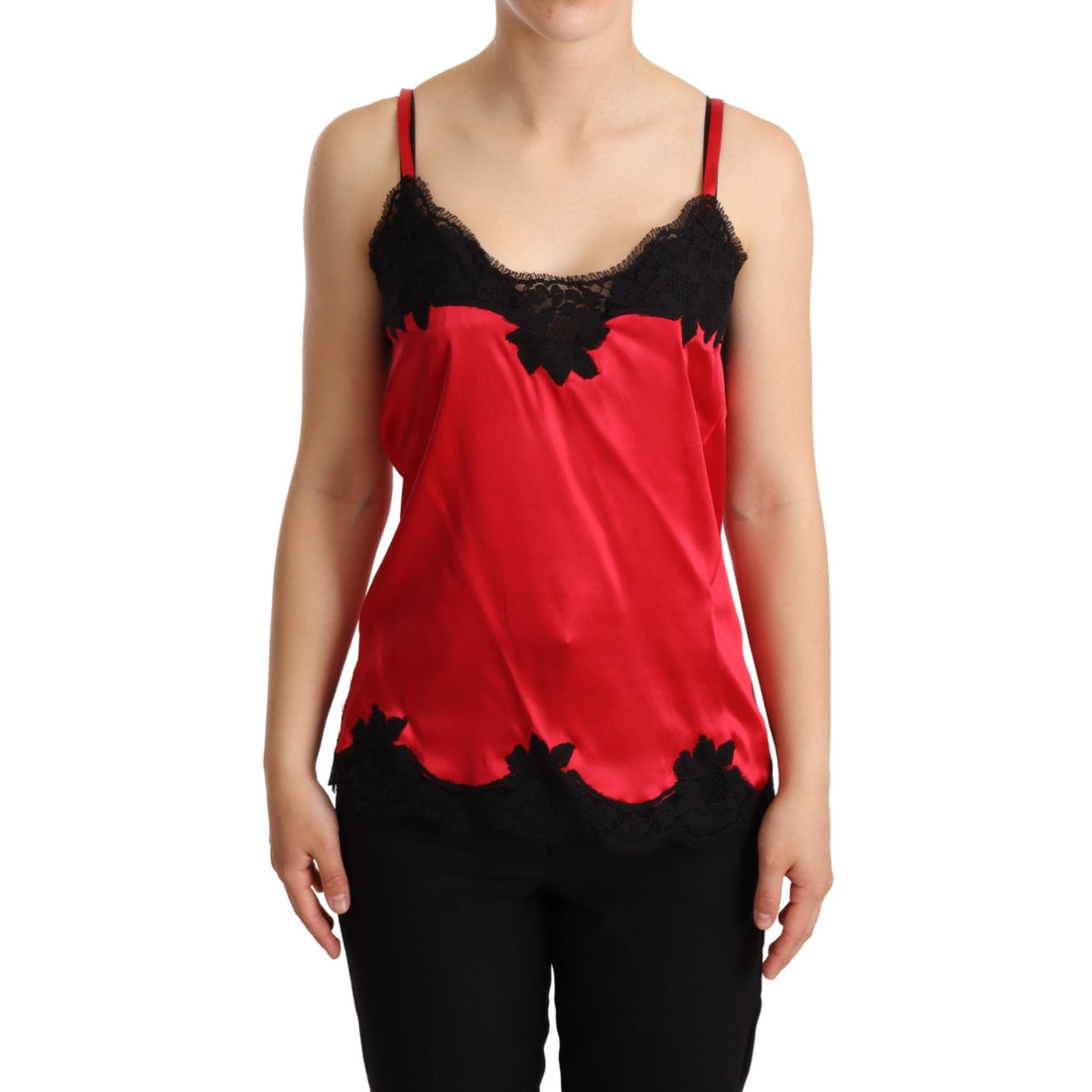 Dolce & Gabbana Red Floral Lace Trimmed Silk Satin Camisole Top - Paris Deluxe