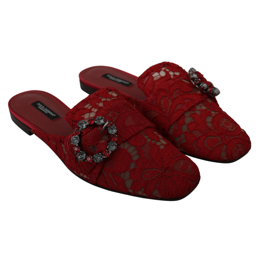Dolce & Gabbana Red Lace Crystal Slide On Flats Shoes - Paris Deluxe