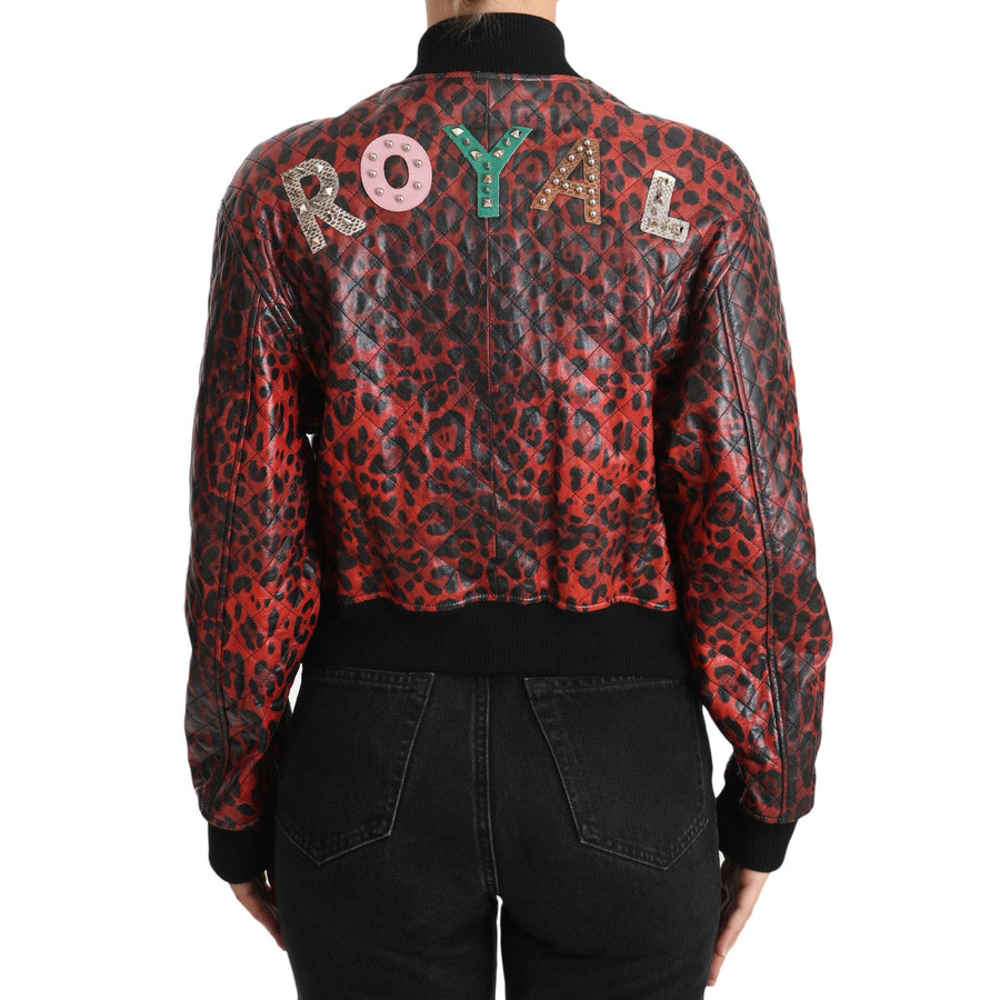 Dolce & Gabbana Red Leopard Button Crystal Leather Jacket - Paris Deluxe
