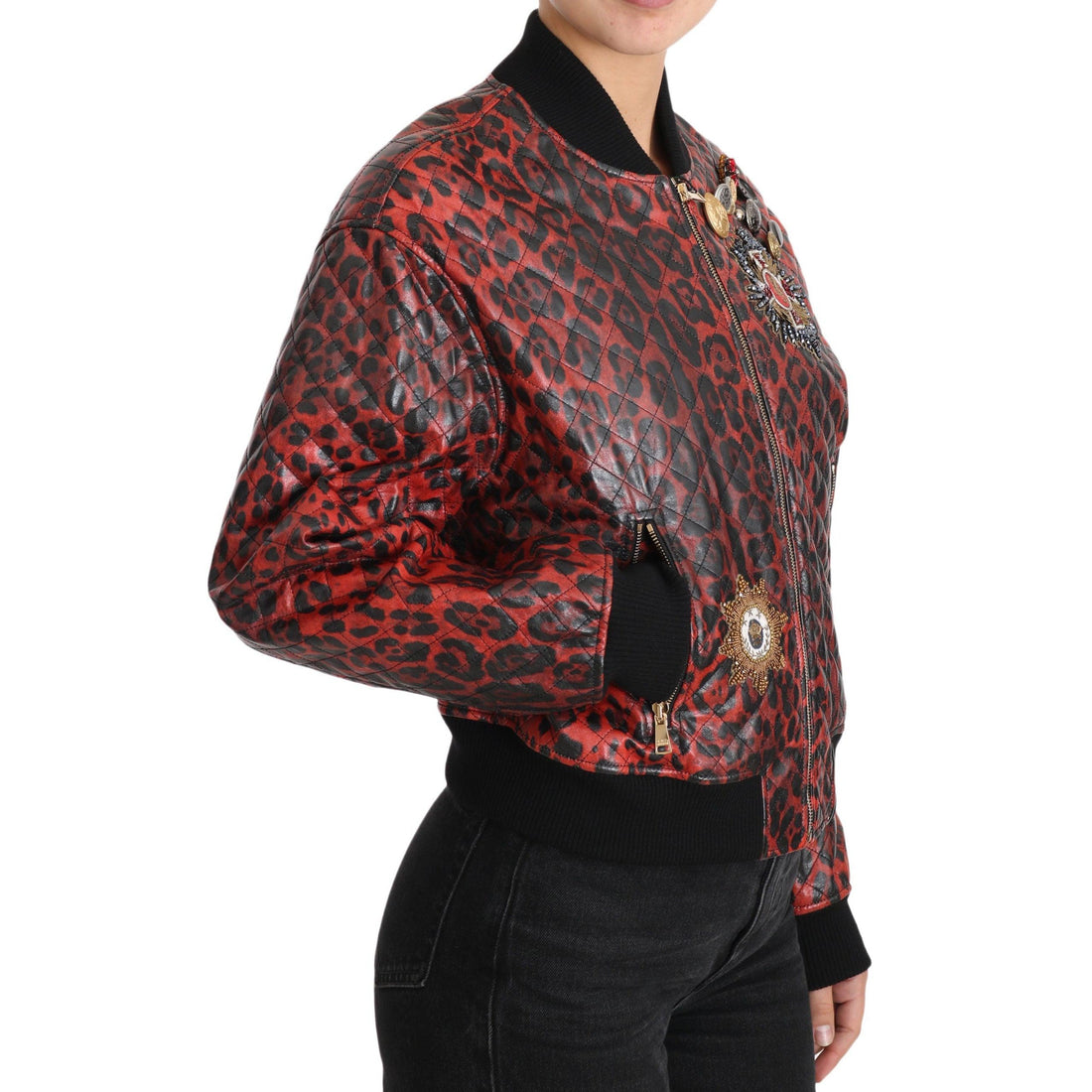 Dolce & Gabbana Red Leopard Button Crystal Leather Jacket - Paris Deluxe