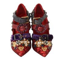 Dolce & Gabbana Red Sequined Crystal Studs Heels Shoes - Paris Deluxe