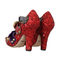 Dolce & Gabbana Red Sequined Crystal Studs Heels Shoes - Paris Deluxe