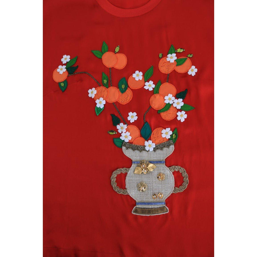 Dolce & Gabbana Red Silk Oranges Floral Crystal Blouse - Paris Deluxe