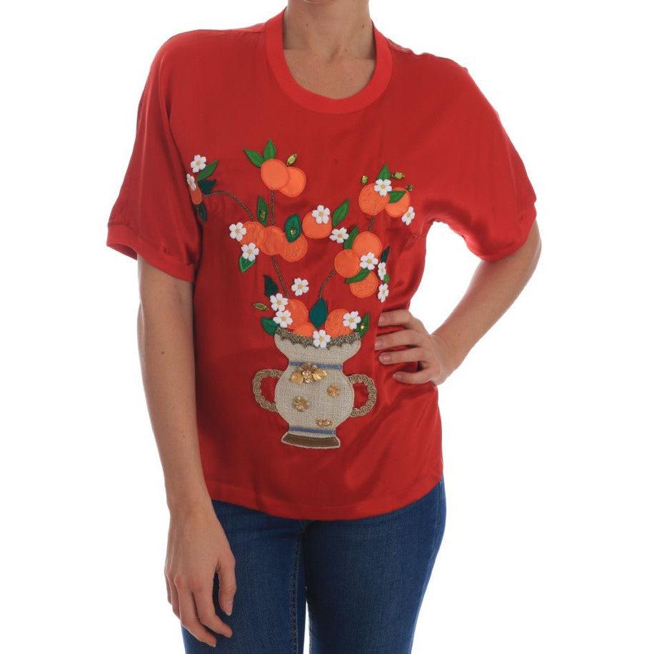 Dolce & Gabbana Red Silk Oranges Floral Crystal Blouse - Paris Deluxe