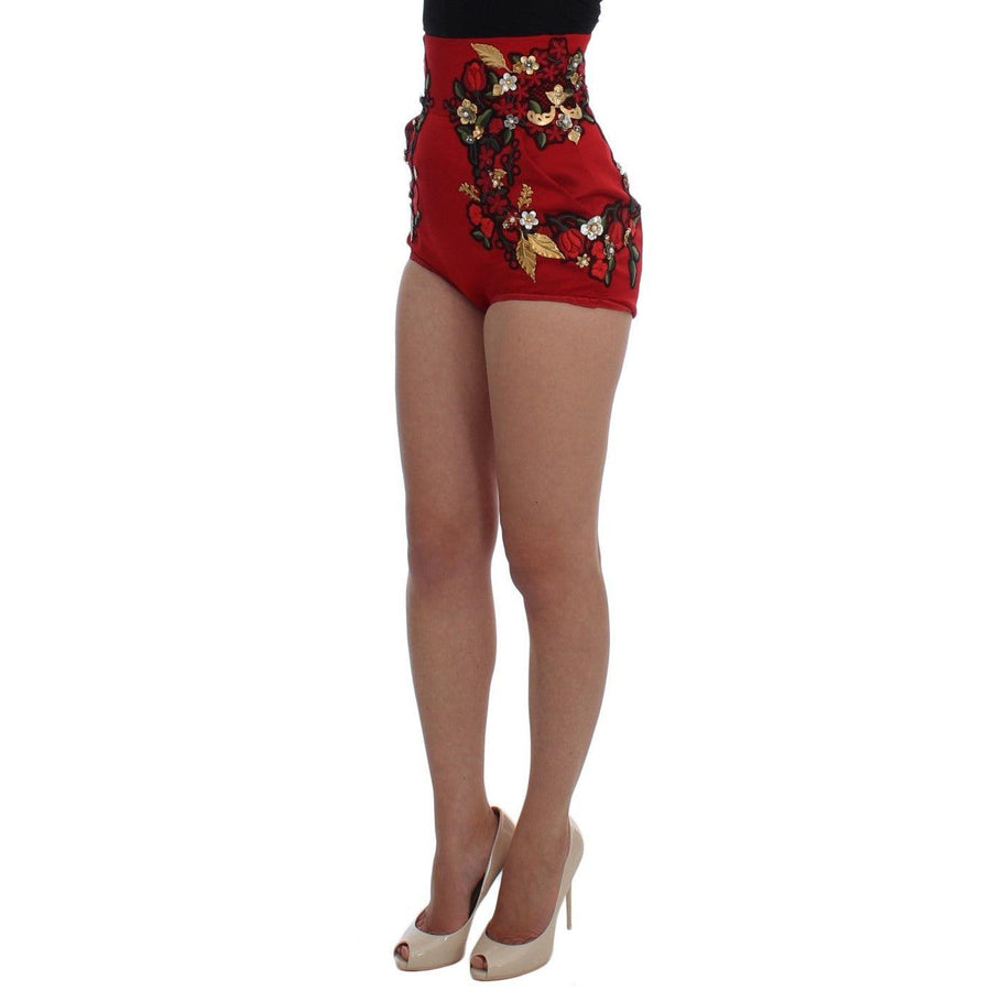 Dolce & Gabbana Red Silk Pearls Roses Shorts - Paris Deluxe