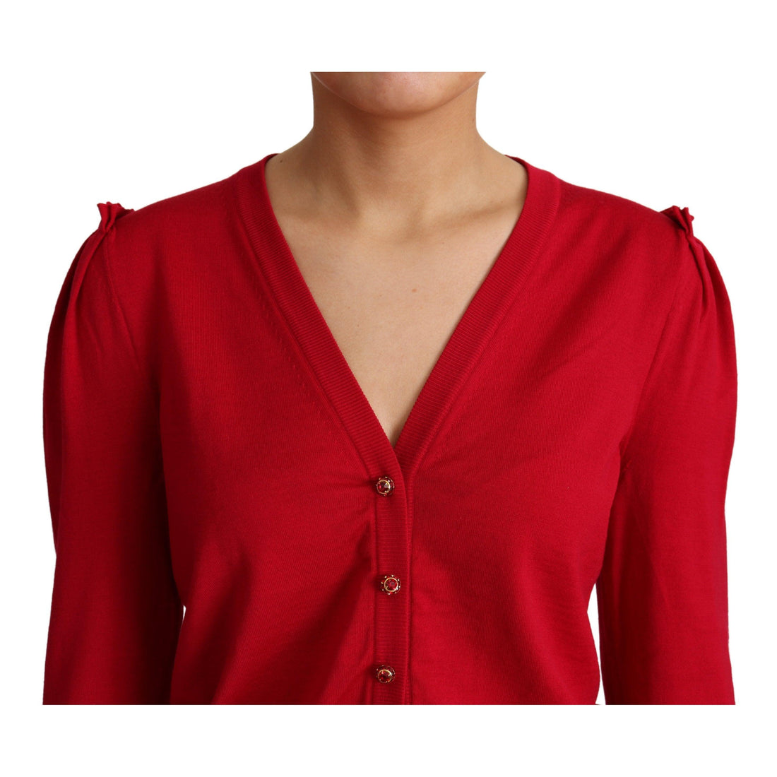 Dolce & Gabbana Red Wool Deep V-neck Women Cardigan Sweater - Paris Deluxe