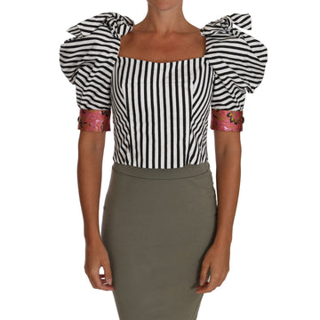 Dolce & Gabbana White Black Striped Cropped Top Puff Sleeve Shirts - Paris Deluxe