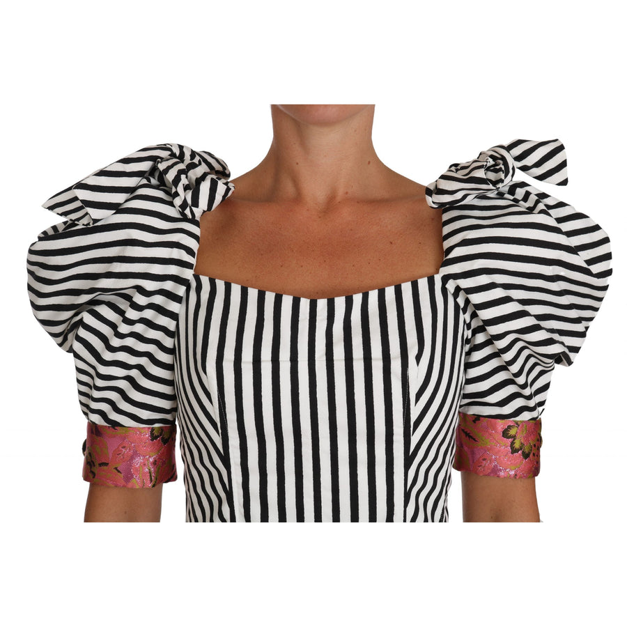 Dolce & Gabbana White Black Striped Cropped Top Puff Sleeve Shirts - Paris Deluxe