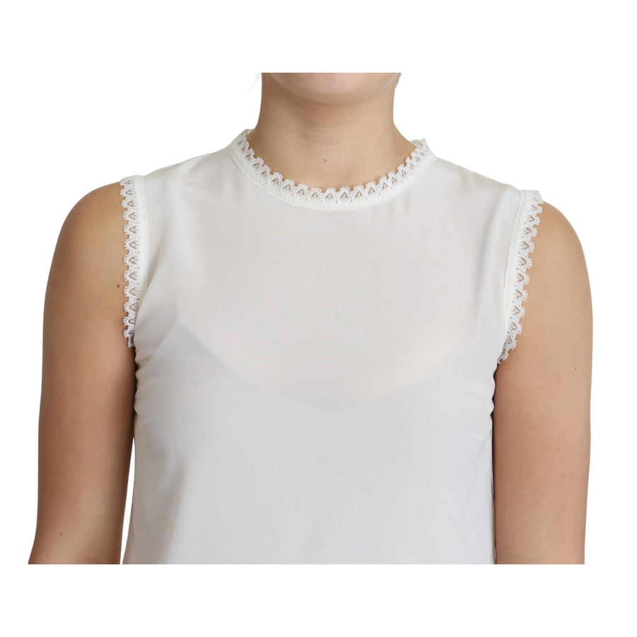 Dolce & Gabbana White Blouse Silk Lace Trimmed Sleeveless Top - Paris Deluxe