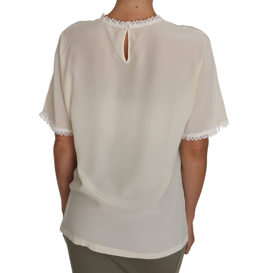Dolce & Gabbana White Cream Silk Lace Top Blouse T-Shirt - Paris Deluxe