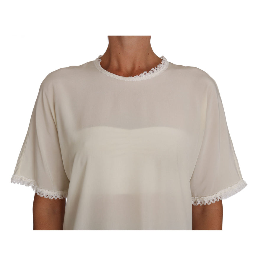 Dolce & Gabbana White Cream Silk Lace Top Blouse T-Shirt - Paris Deluxe
