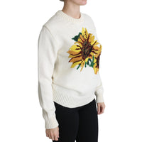Dolce & Gabbana White Floral Wool Pullover Sunflower Sweater - Paris Deluxe