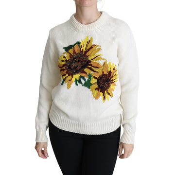 Dolce & Gabbana White Floral Wool Pullover Sunflower Sweater - Paris Deluxe