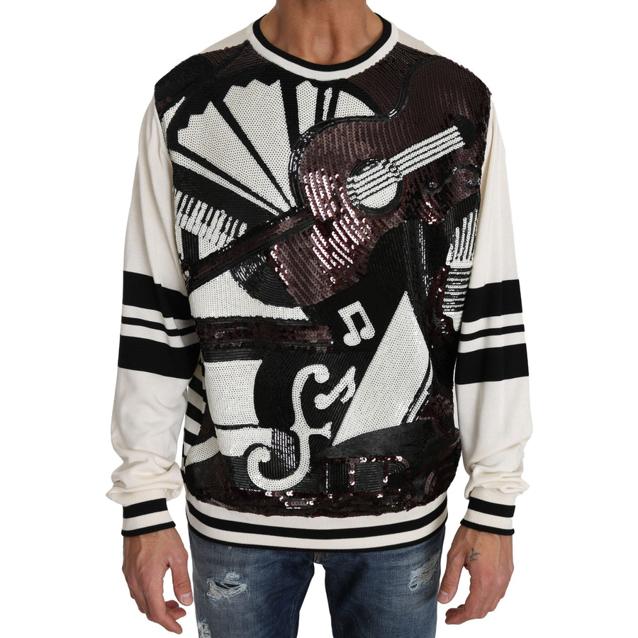 Dolce & Gabbana White Jazz Sequined Guitar Pullover Top Sweater - Paris Deluxe