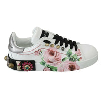 Dolce & Gabbana White Leather Crystal Roses Floral Sneakers Shoes
