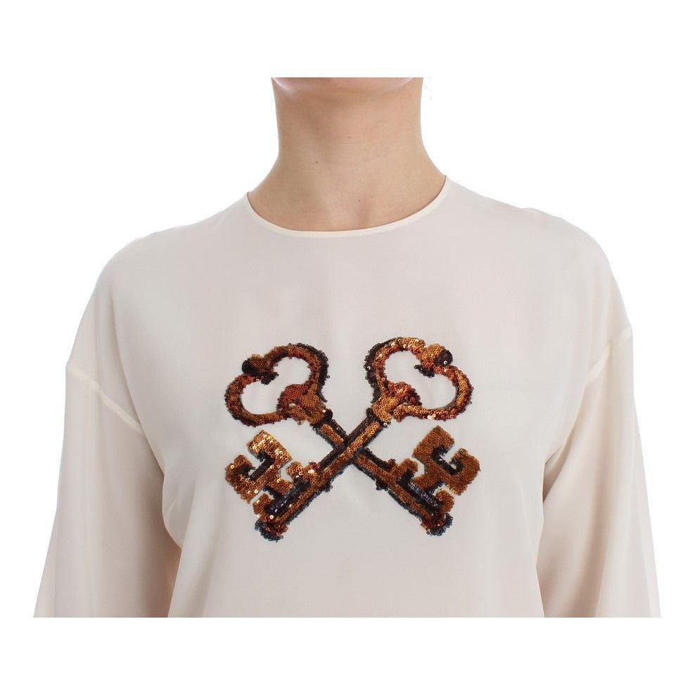 Dolce & Gabbana White Sequined Key Silk Blouse T-shirt Top - Paris Deluxe