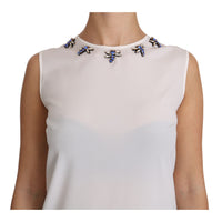 Dolce & Gabbana White Silk Embellished Crystal Dragonfly Top - Paris Deluxe