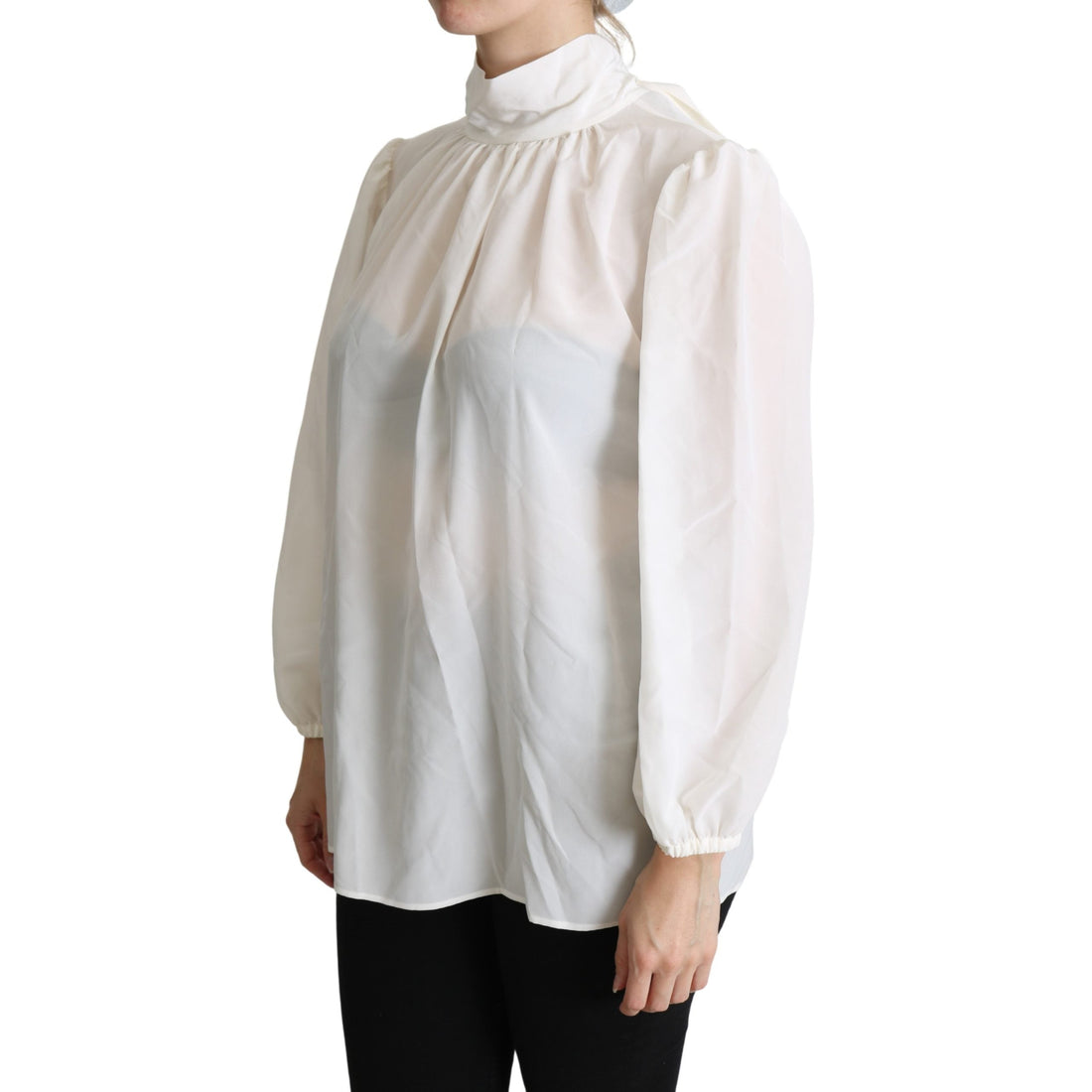 Dolce & Gabbana White Silk Pussy Bow Long Sleeved Top Blouse - Paris Deluxe