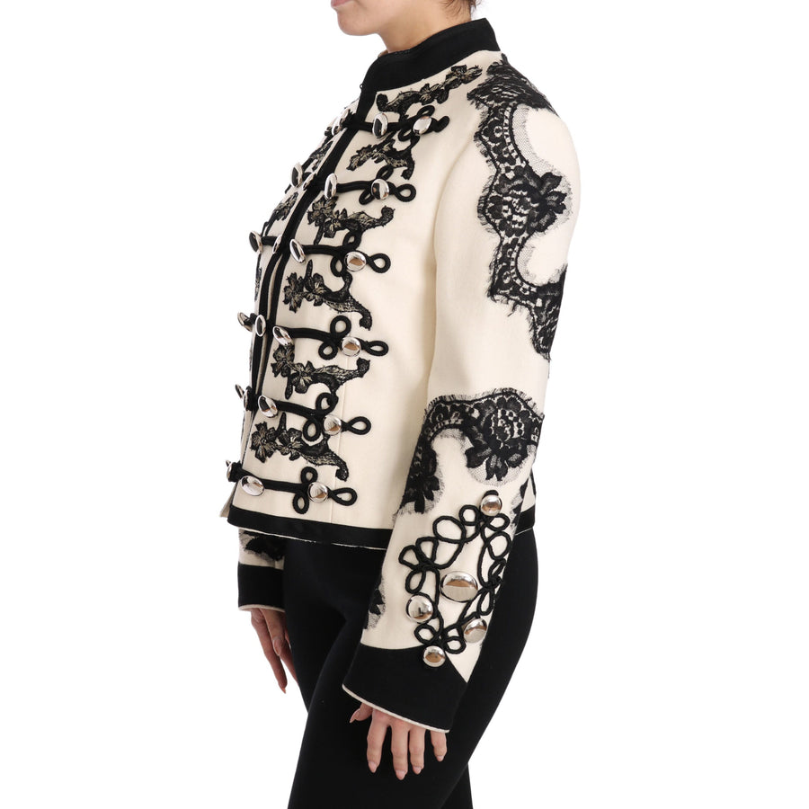 Dolce & Gabbana White Wool Black Floral Baroque Jacket - Paris Deluxe