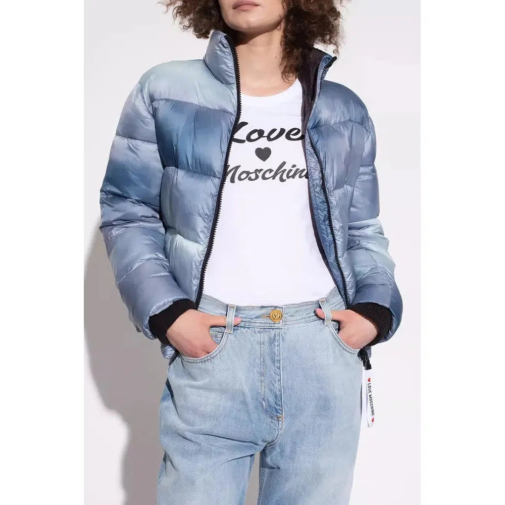 Love Moschino Chic Light Blue Down Jacket with Logo Patch