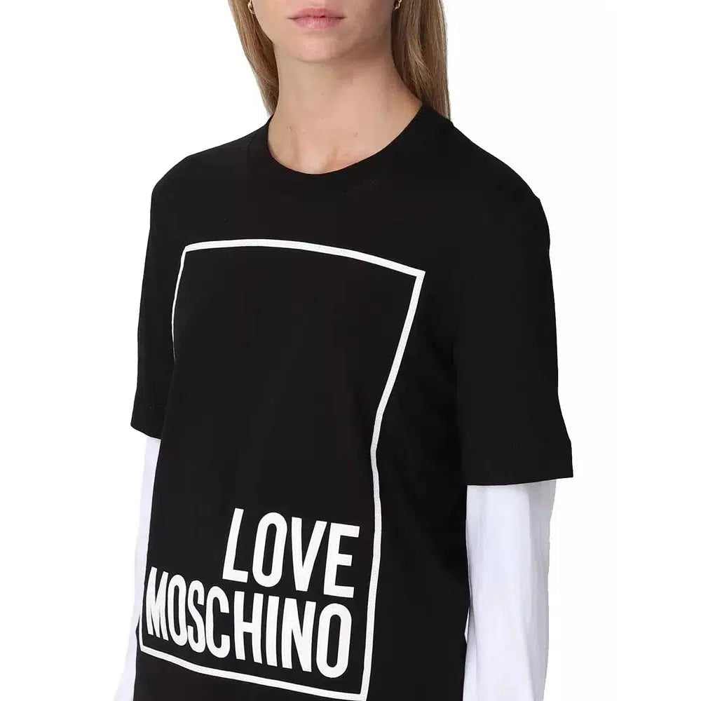 Love Moschino Elegant Black Cotton Tee with Faux-Leather Logo