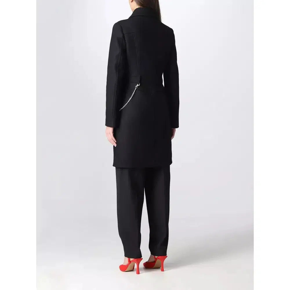 Love Moschino Elegant Black Wool Coat with Silver Chain Detail