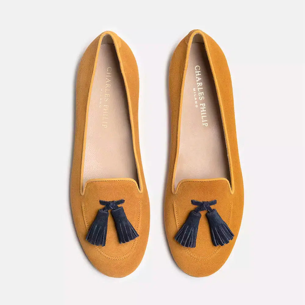 Charles Philip Chic Suede Tassel Moccasins in Ocher Yellow