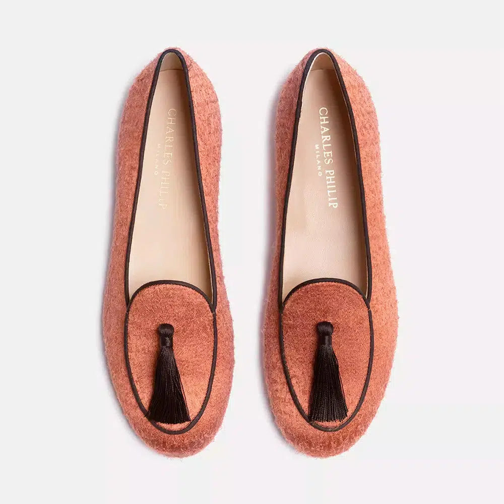 Charles Philip Orange Velvet Flat Shoe