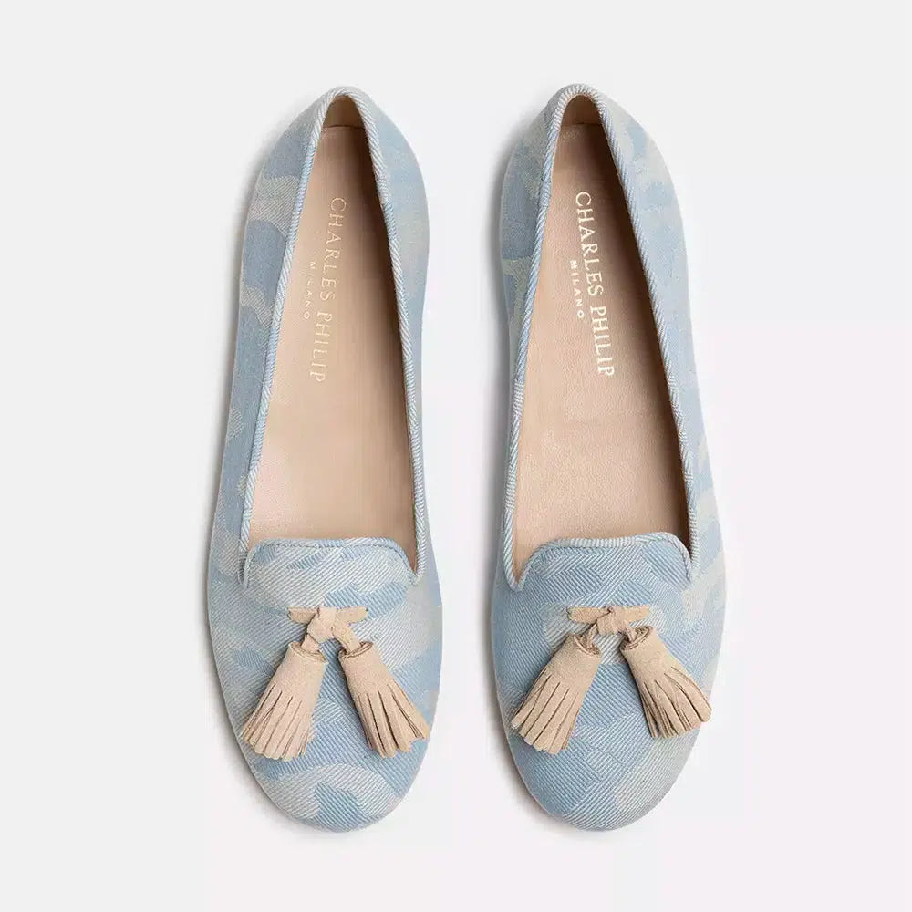 Charles Philip Light Blue Cotton Flat Shoe