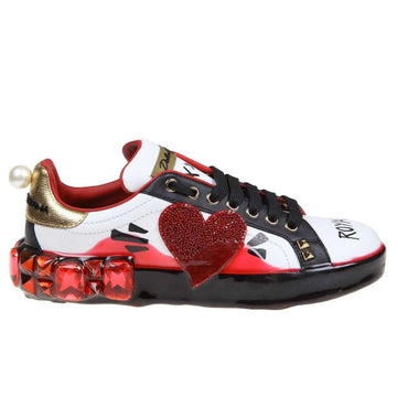 Dolce & Gabbana Elegant Leather Sneakers with Rhinestone Hearts