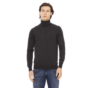 Baldinini Trend Elegant Gray Crewneck Sweater with Metal Monogram