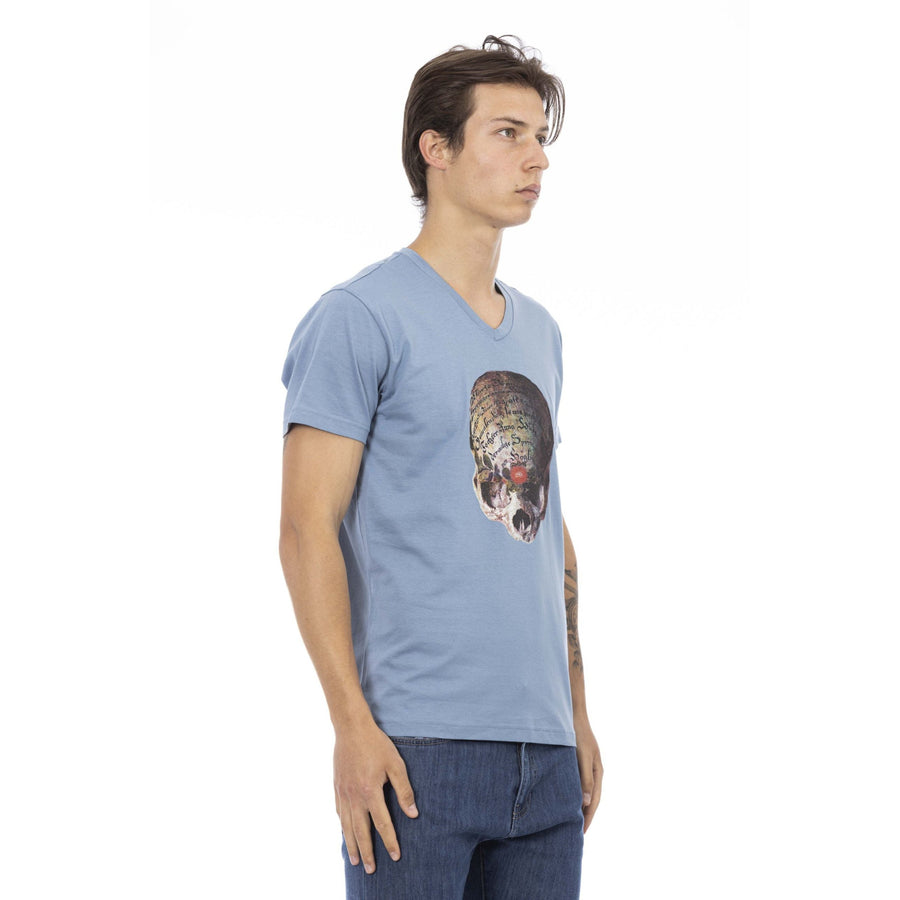 Trussardi Action Chic Light Blue V-Neck Tee with Front Print