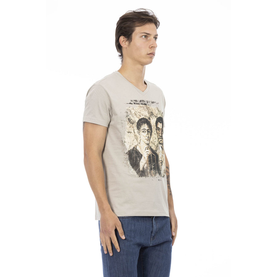 Trussardi Action Chic Beige V-Neck Tee With Front Print