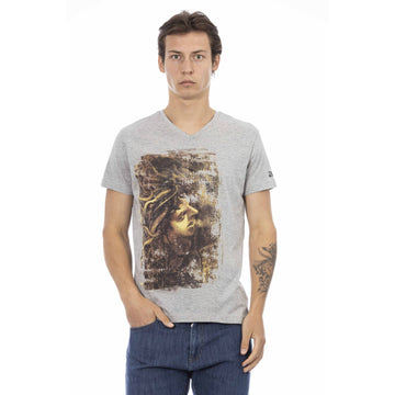 Trussardi Action Chic Gray V-Neck Tee with Stylish Front Print