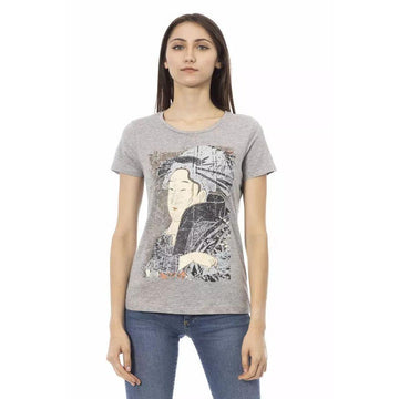 Trussardi Action Chic Gray Round Neck Cotton Tee with Print
