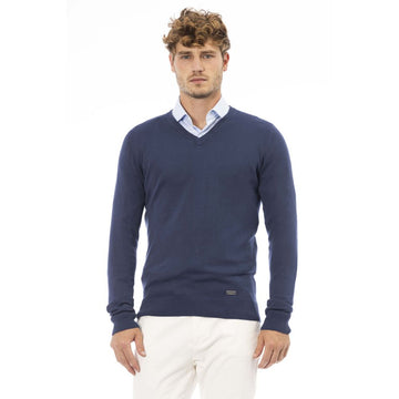 Baldinini Trend Elegant V-Neck Ribbed Blue Sweater