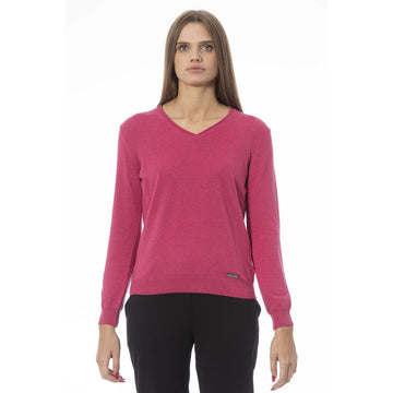 Baldinini Trend Fuchsia V-Neck Ribbed Knit Cashmere Sweater