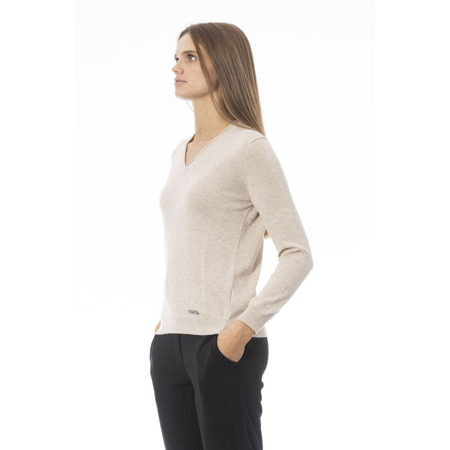 Baldinini Trend Elegant Beige V-Neck Sweater – Cozy & Chic