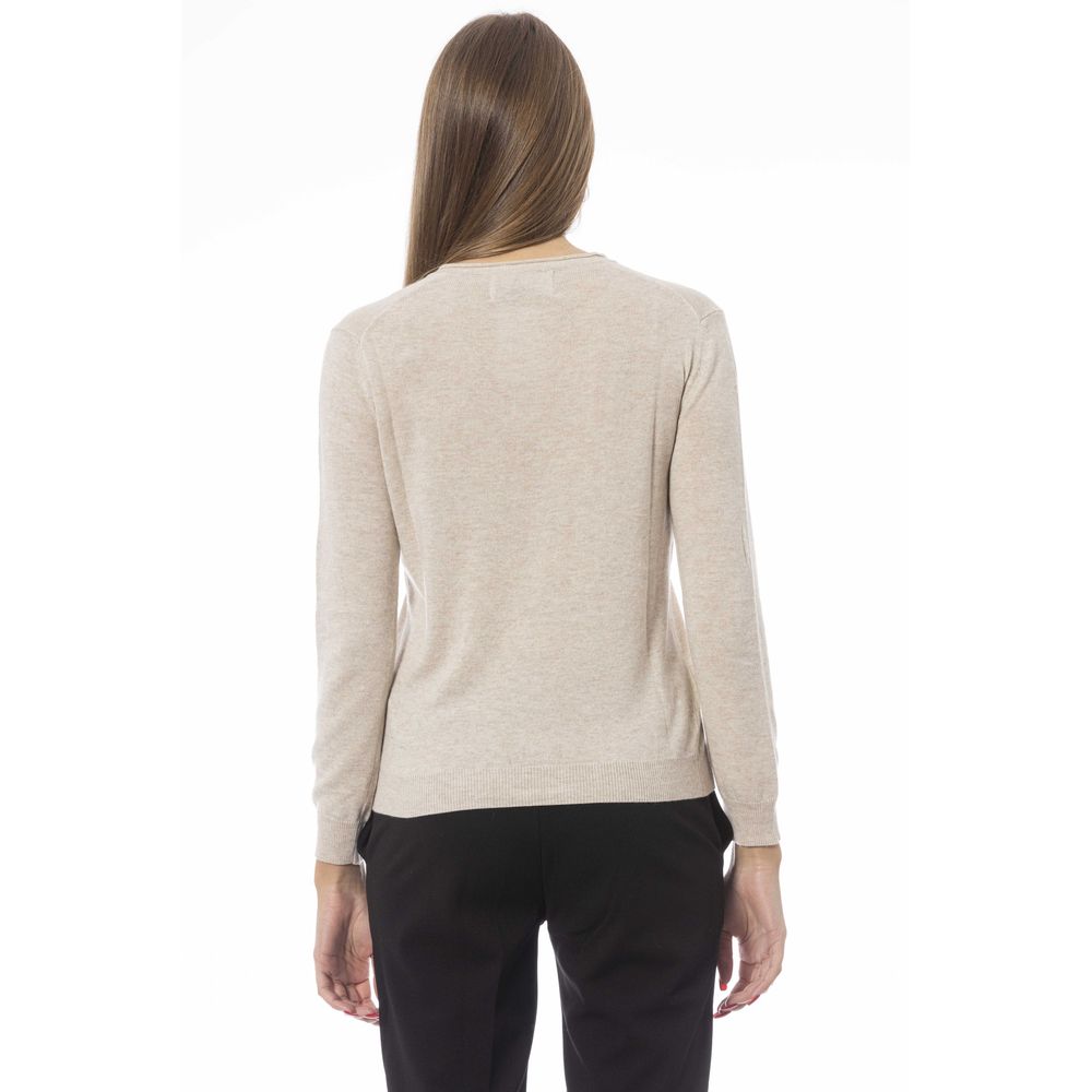 Baldinini Trend Elegant Beige V-Neck Sweater – Cozy & Chic