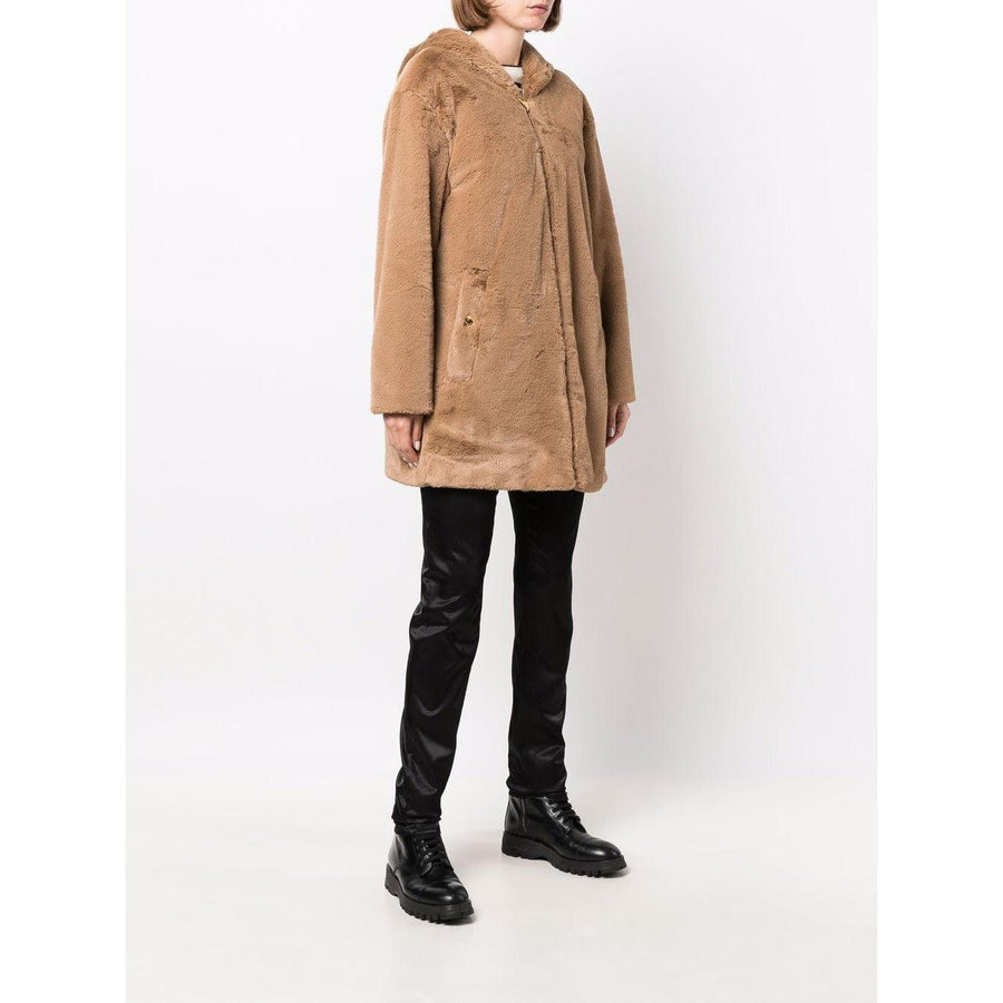 Love Moschino Elegant Beige Faux Fur Hooded Coat