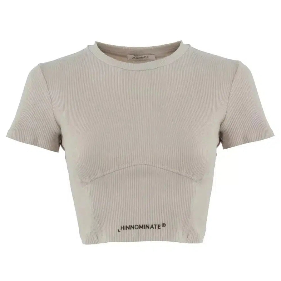 Hinnominate Beige Ribbed Cotton Tee with Logo Accent