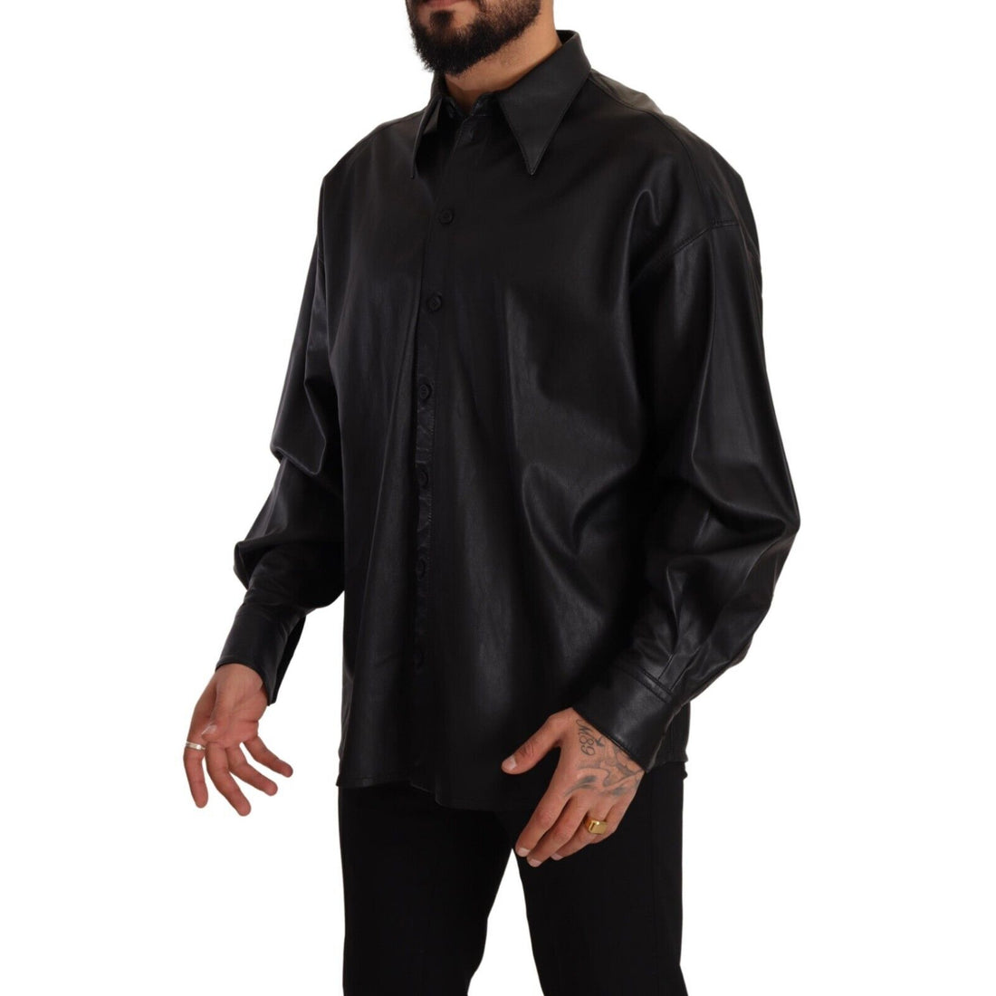 Dolce & Gabbana Black Leather Button Down Men Collared Jacket