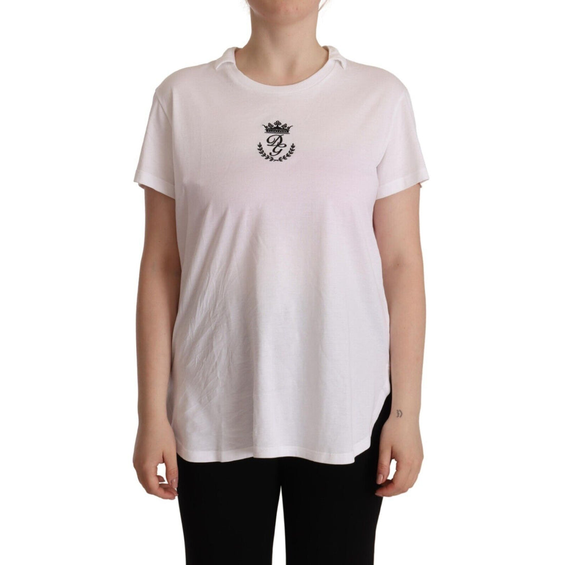 Dolce & Gabbana White DG Crown Print Cotton Collared Neck T-shirt