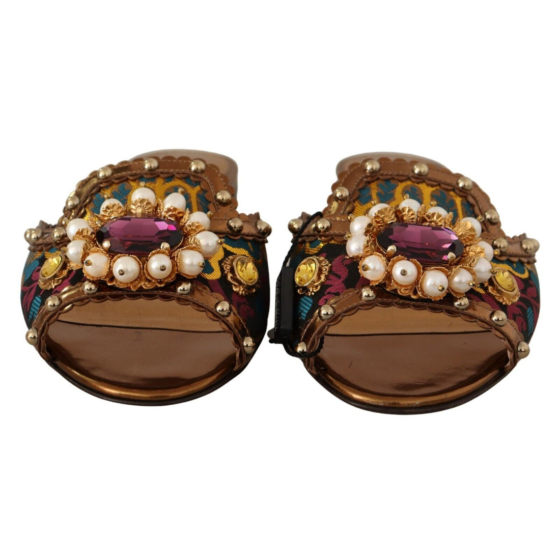 Dolce & Gabbana Multicolor Floral Embellished Slides Flats Shoes