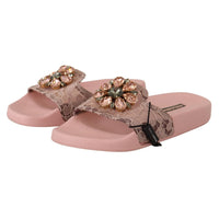 Dolce & Gabbana Pink Lace Crystal Sandals Slides Beach Shoes