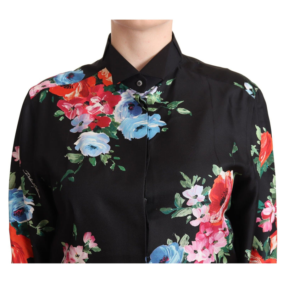 Dolce & Gabbana Black Floral Print Collared Polo Blouse Top