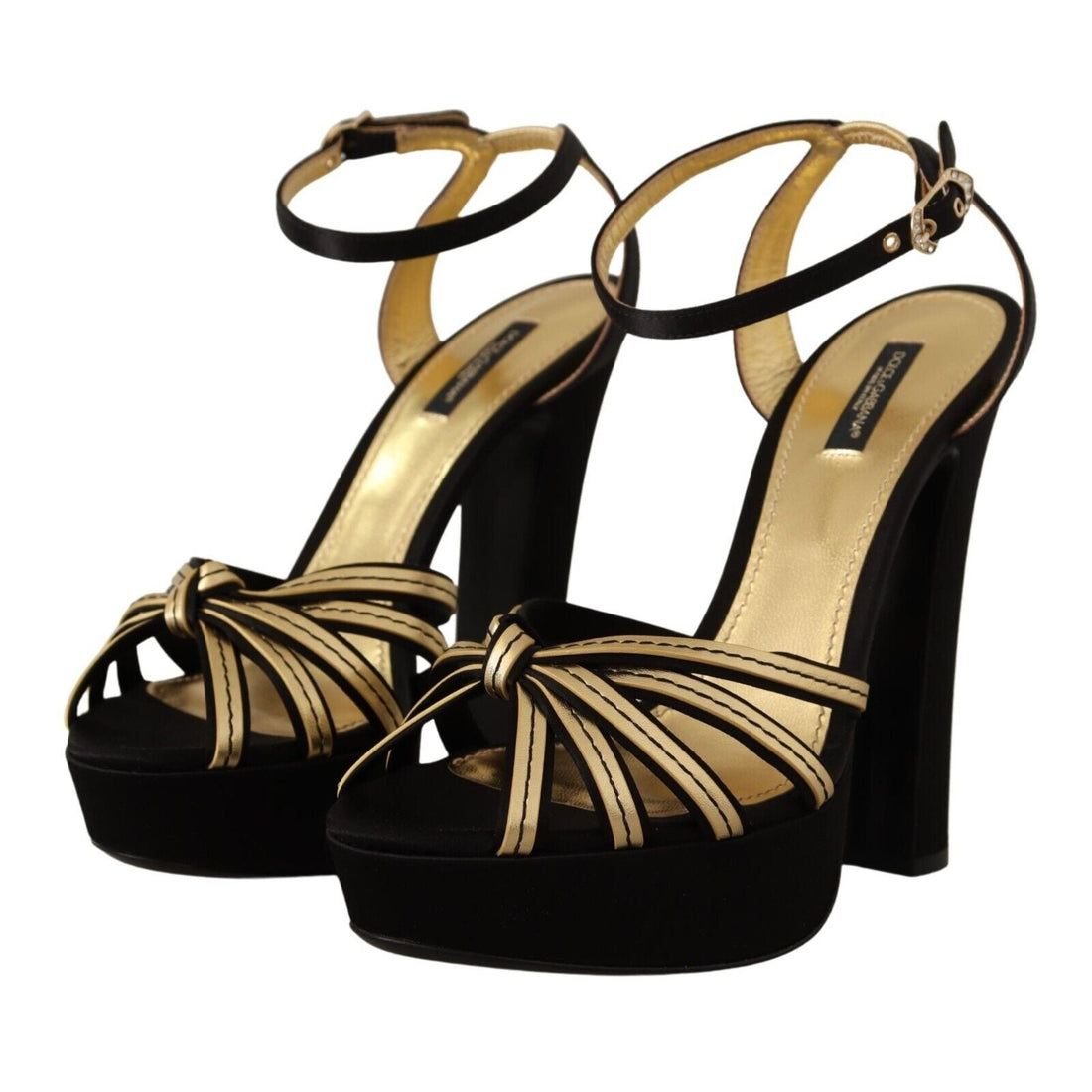 Dolce & Gabbana Black Gold Viscose Ankle Strap Heels Sandals Shoes